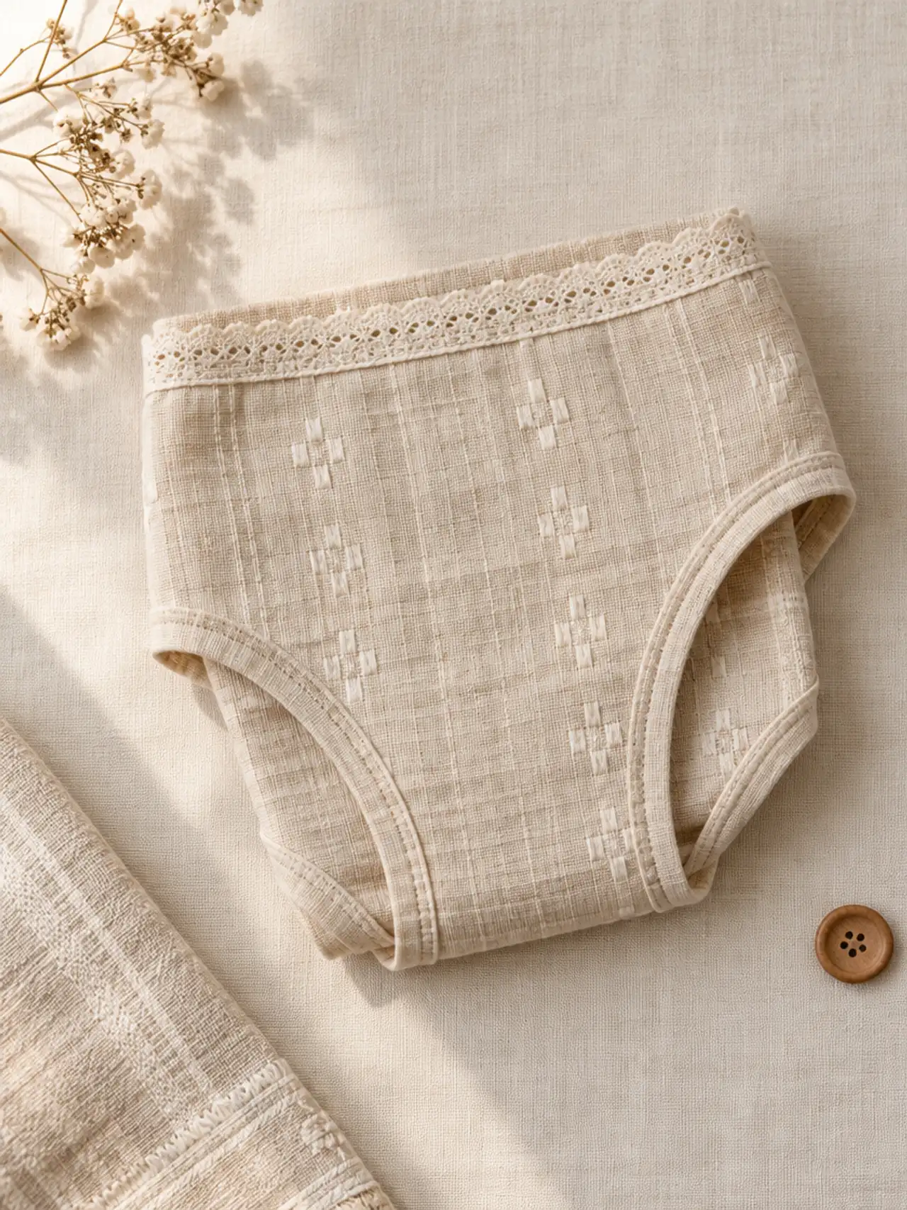 Bombacha clásica de algodón ao po'i beige con puntilla