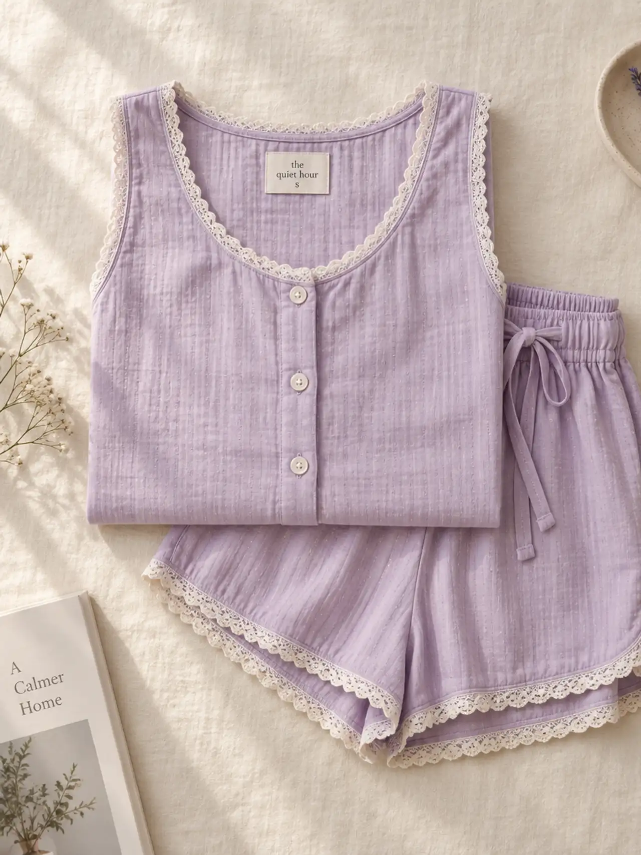 Pijama de algodón lila con borde de puntilla